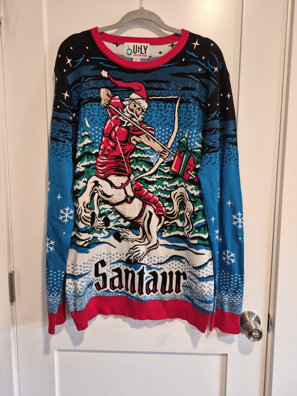Ugly Christmas Sweater - Blue, Red & White 'Santaur' Graphic